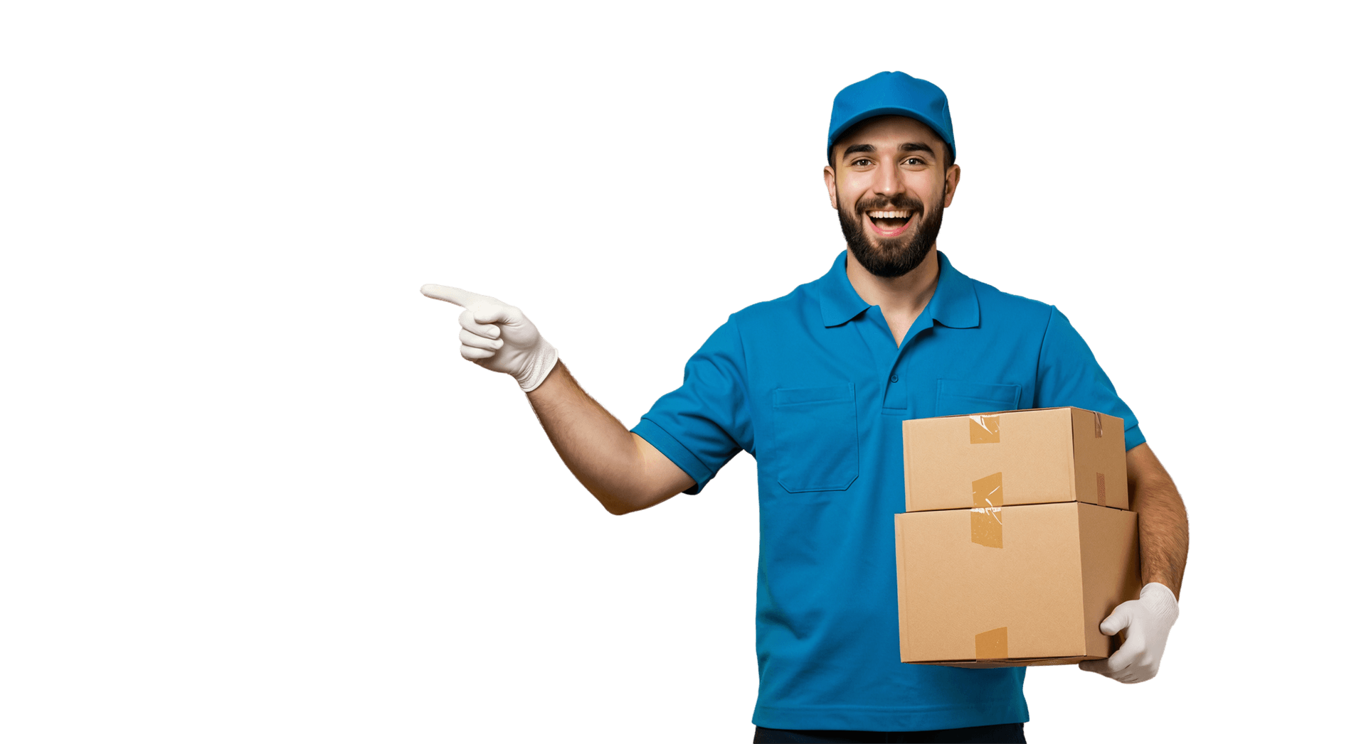 Smiling Bities courier pointing, with a stack of boxes