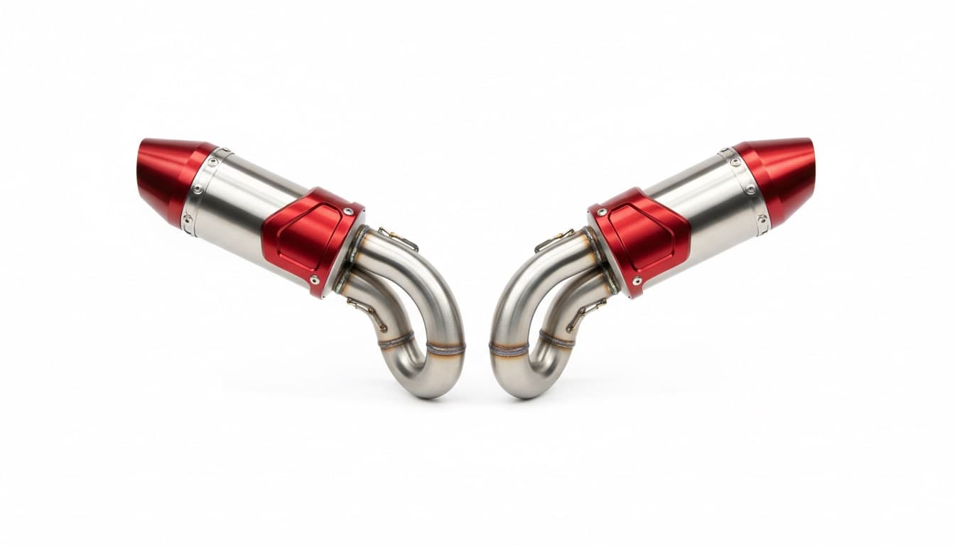 A pair of stainless steel exhaust cans with red tips