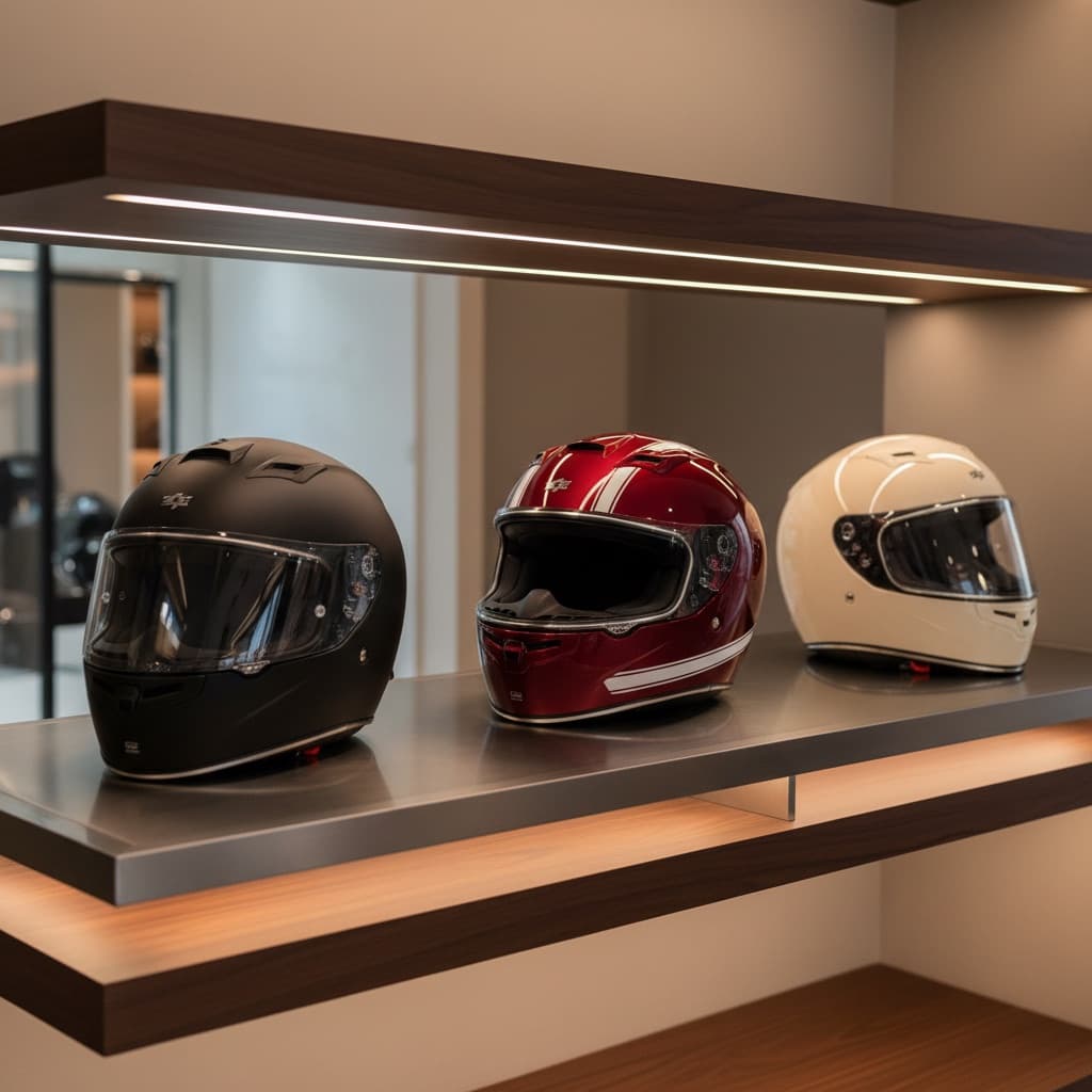Three full-face motorbike helmets on a display shelf