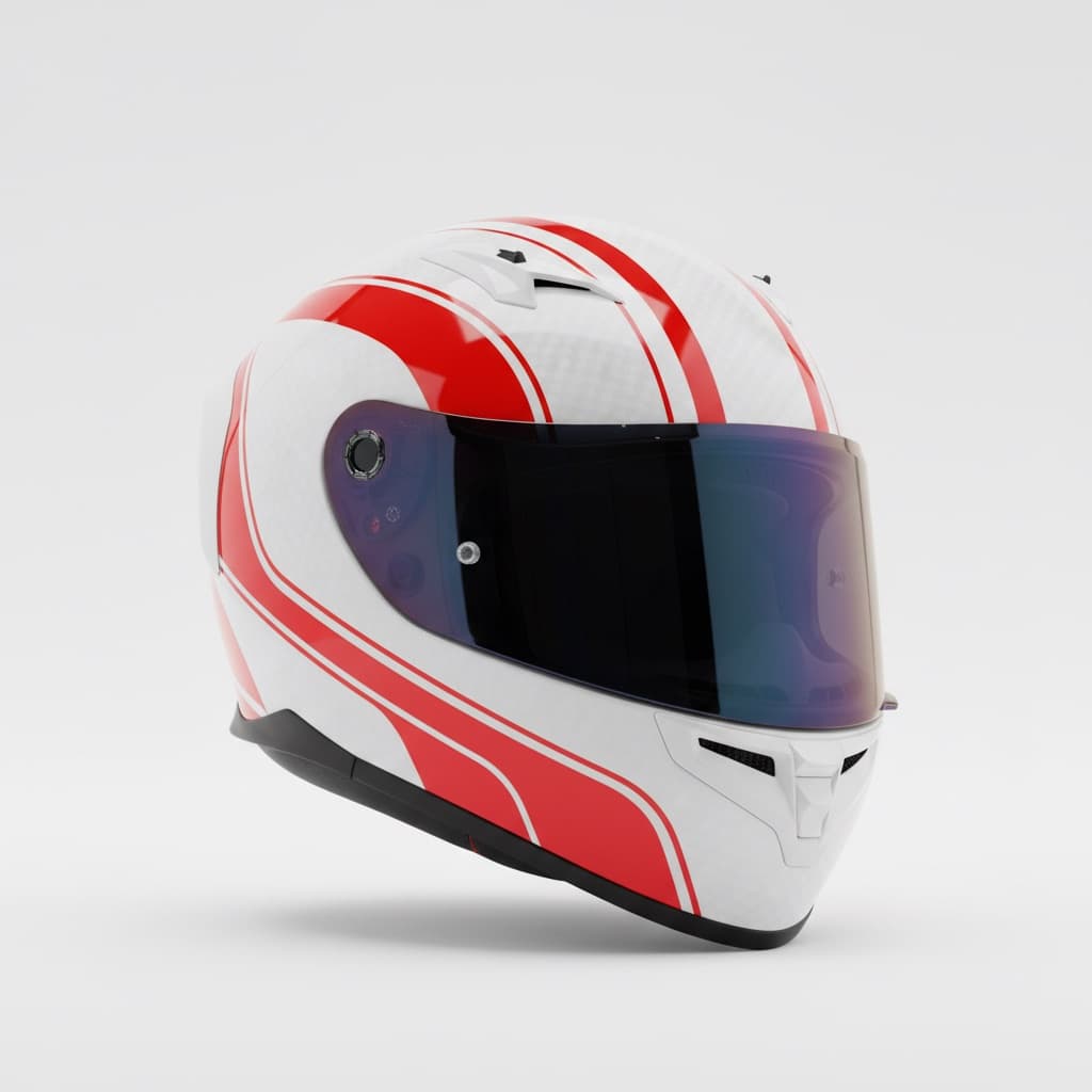A white and red carbon fibre racing helmet from the side
