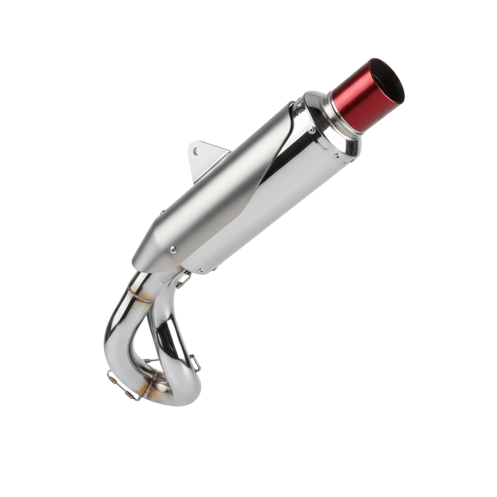 A polished slip-on exhaust with a red tip