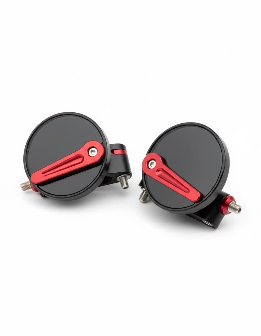 A pair of round bar end mirrors in black and red