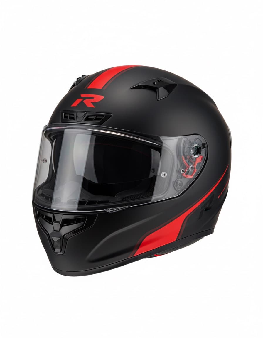 A matte black full-face helmet with red detailing