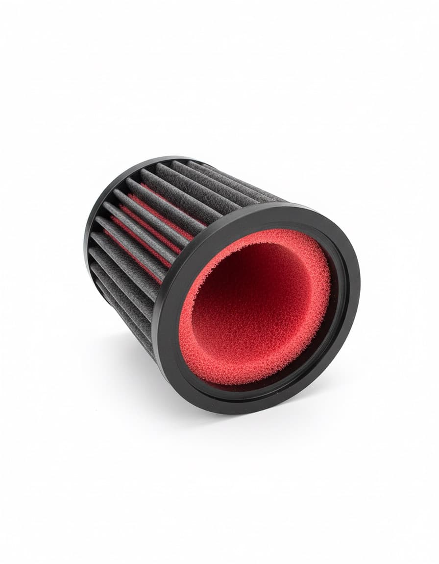 A black and red conical air filter